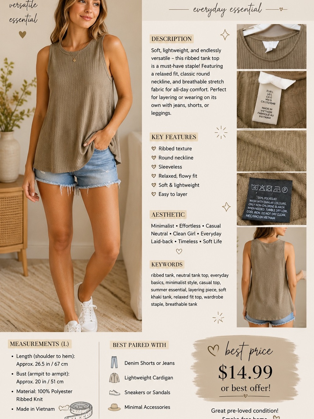 H&M Ribbed Tank Top in Tan